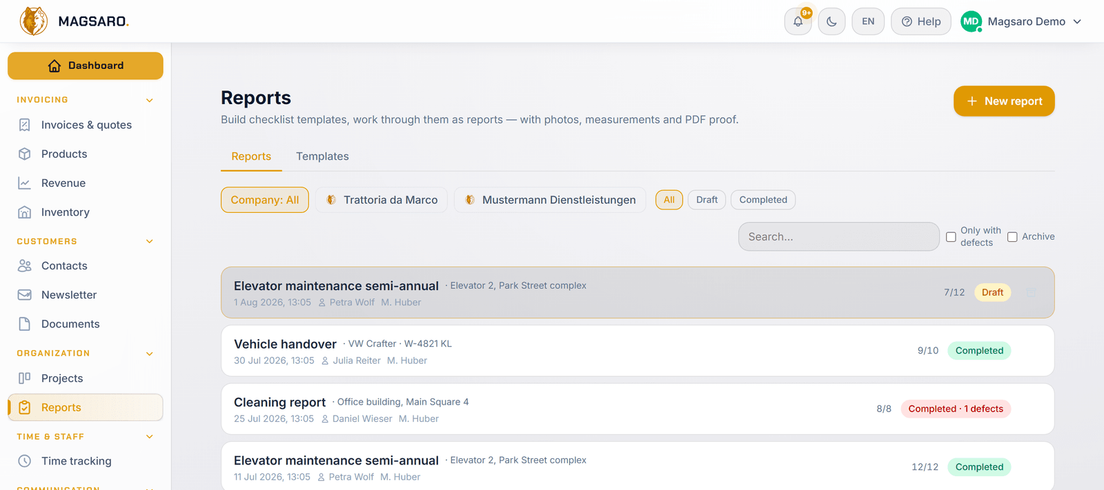 Report list with status and defect markers