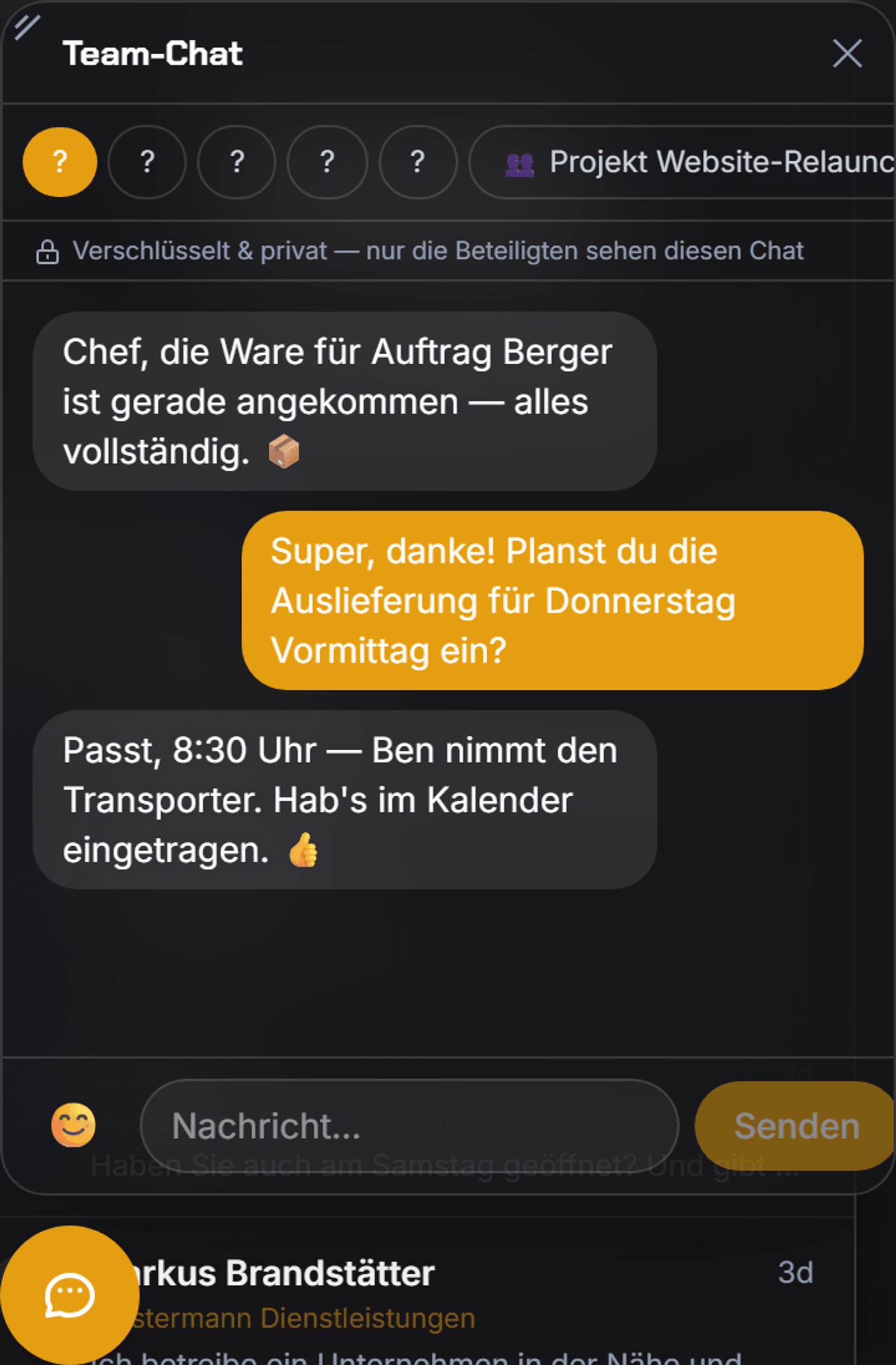 The team chat in the cockpit: encrypted conversation with a team member