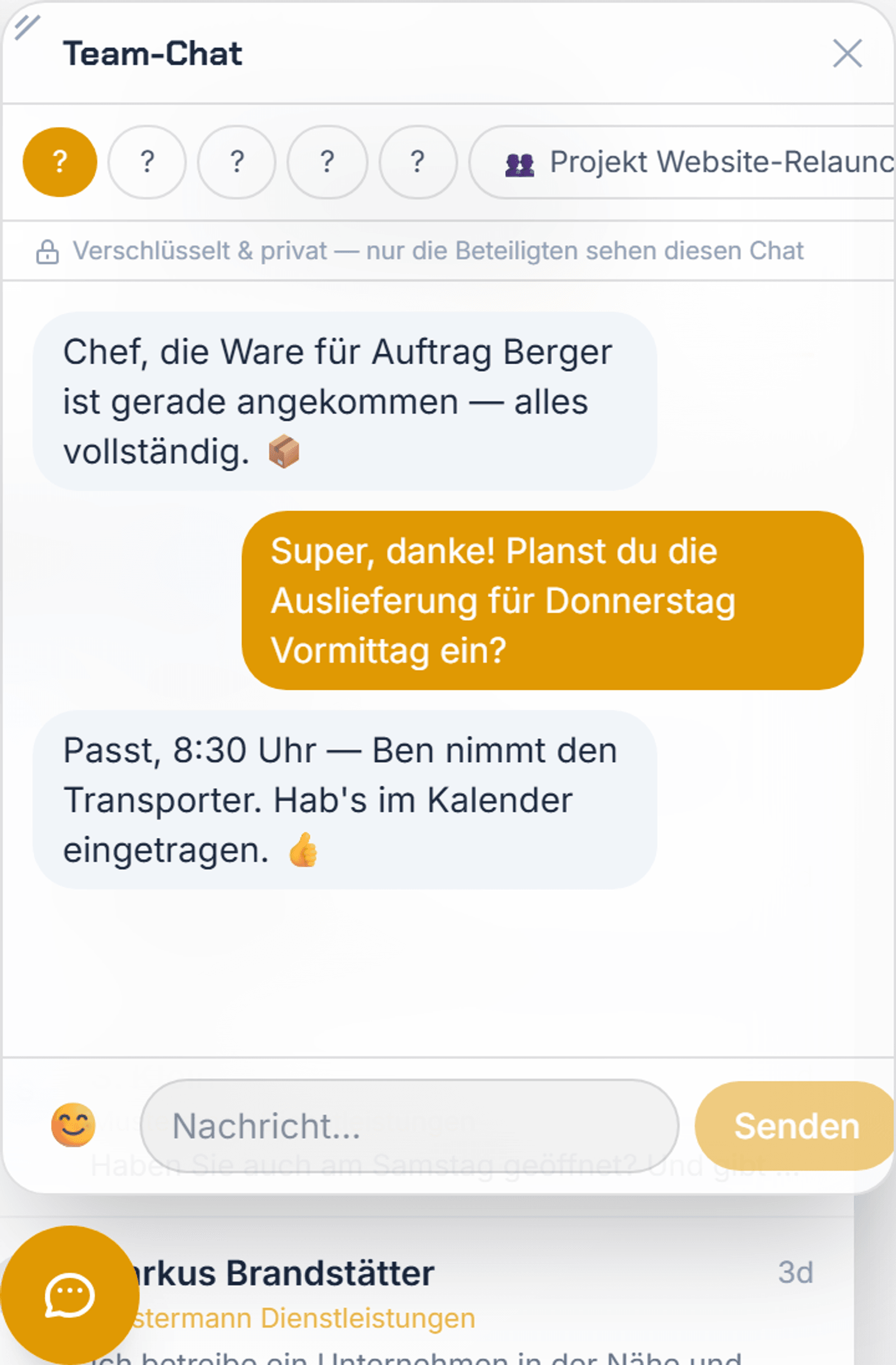 The team chat in the cockpit: encrypted conversation with a team member