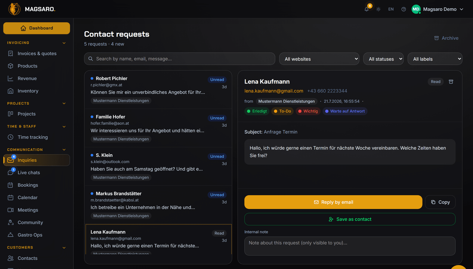 The cockpit inbox: contact inquiries with an opened request and reply actions