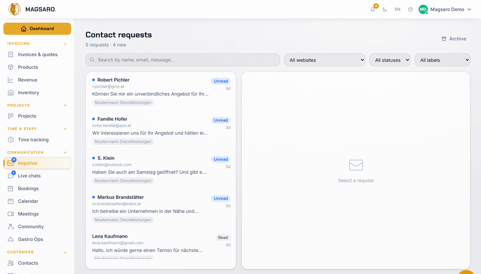 The cockpit inbox: contact inquiries with an opened request and reply actions