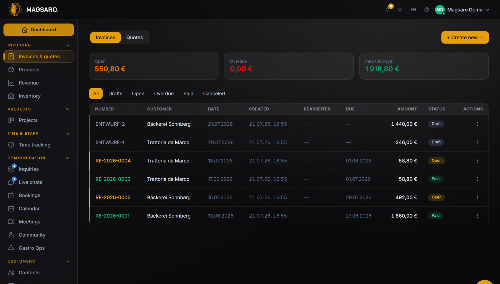 The invoice list in the cockpit: open and paid invoices with totals