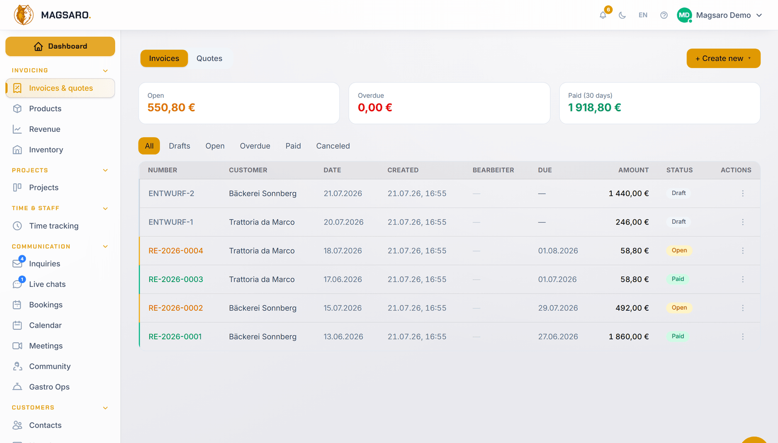 The invoice list in the cockpit: open and paid invoices with totals