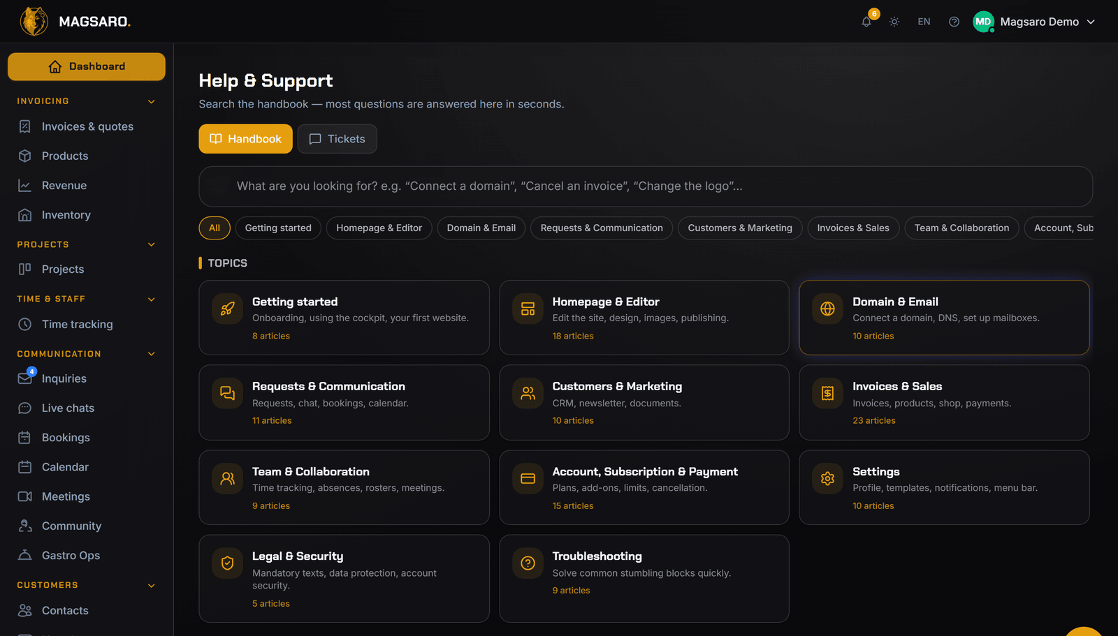 The in-cockpit help center: a searchable handbook by topic plus a ticket system